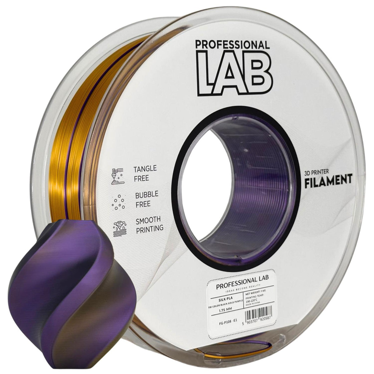 Seide PLA Dreifarbig Schwarz Gold Lila Filament Spule, Prof. Lab, 1,75 mm