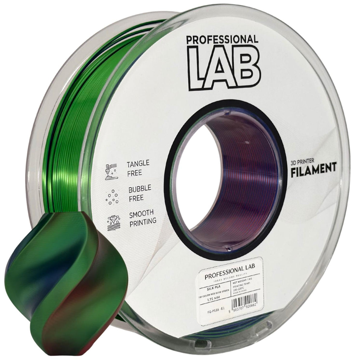 Seide PLA Dreifarbig Rot Blau Grün Filament Spule, Prof. Lab, 1,75 mm