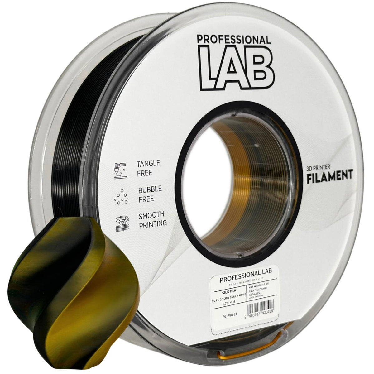 Silk PLA Zweifarbig Schwarz Gold Filament Spule, Prof. Lab, 1,75 mm