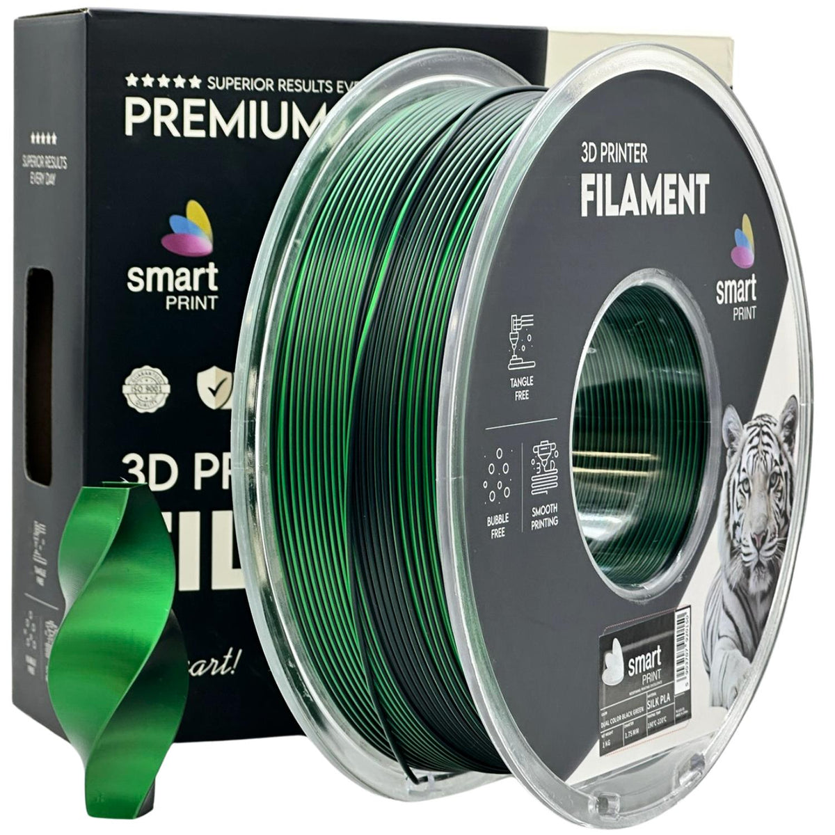 Spool of Silk PLA Dual Color black green filament, Smart Print, 1.75 mm