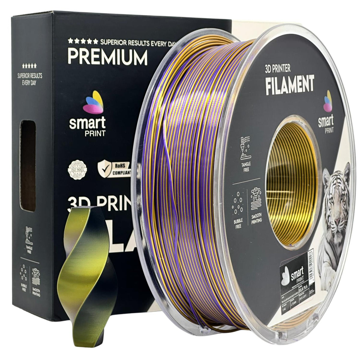 Silk PLA Dreifarbig Schwarz Gold Lila Filament Spule, Smart Print, 1,75 mm