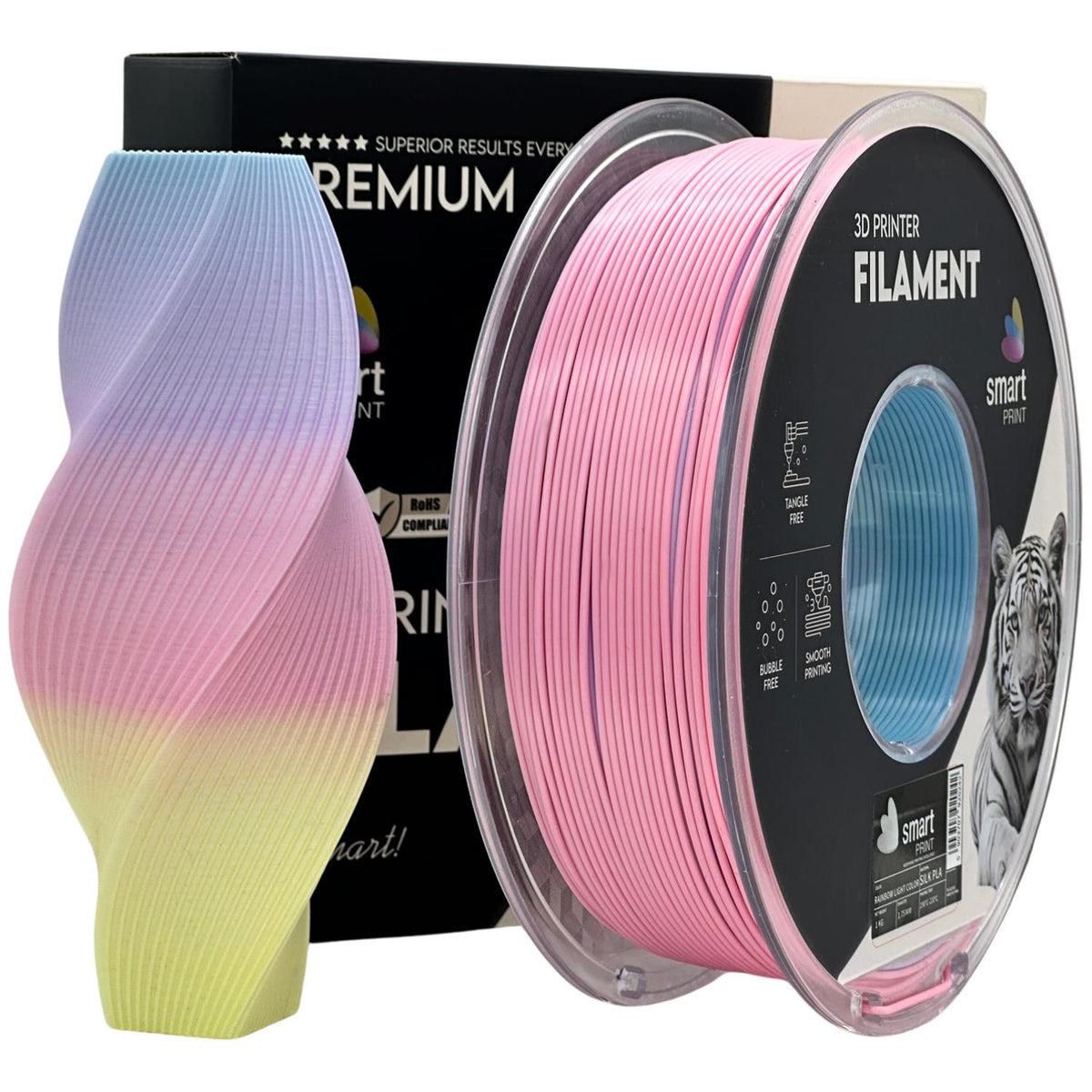 Spool of Silk PLA light rainbow filament, Smart Print, 1.75 mm