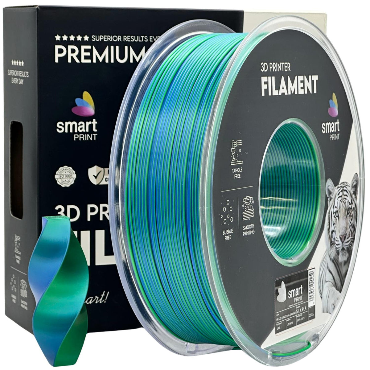 Spool of Silk PLA Tri Color Oceans Embrace filament, Smart Print, 1.75 mm