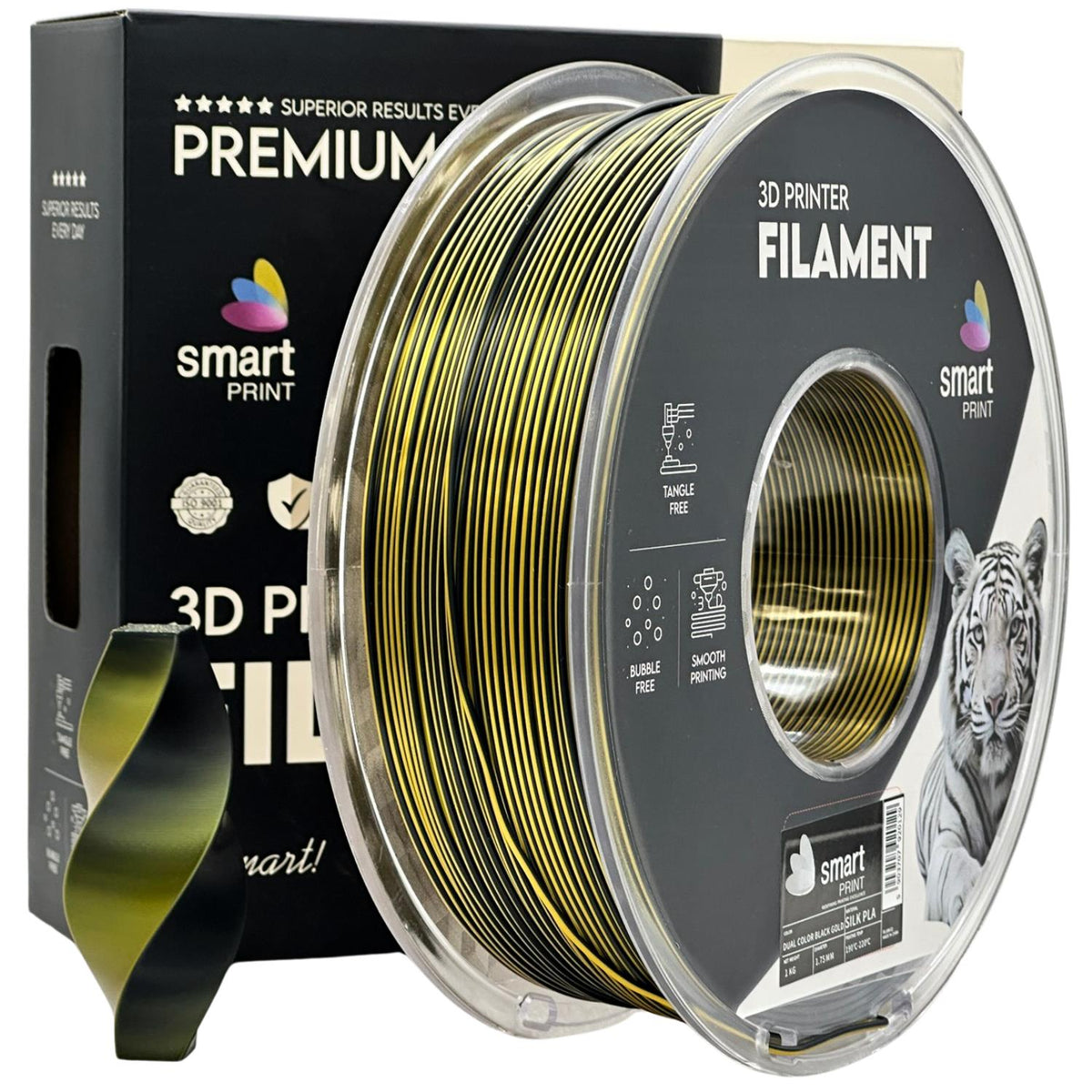 Spool of Silk PLA Dual Color black gold filament, Smart Print, 1.75 mm
